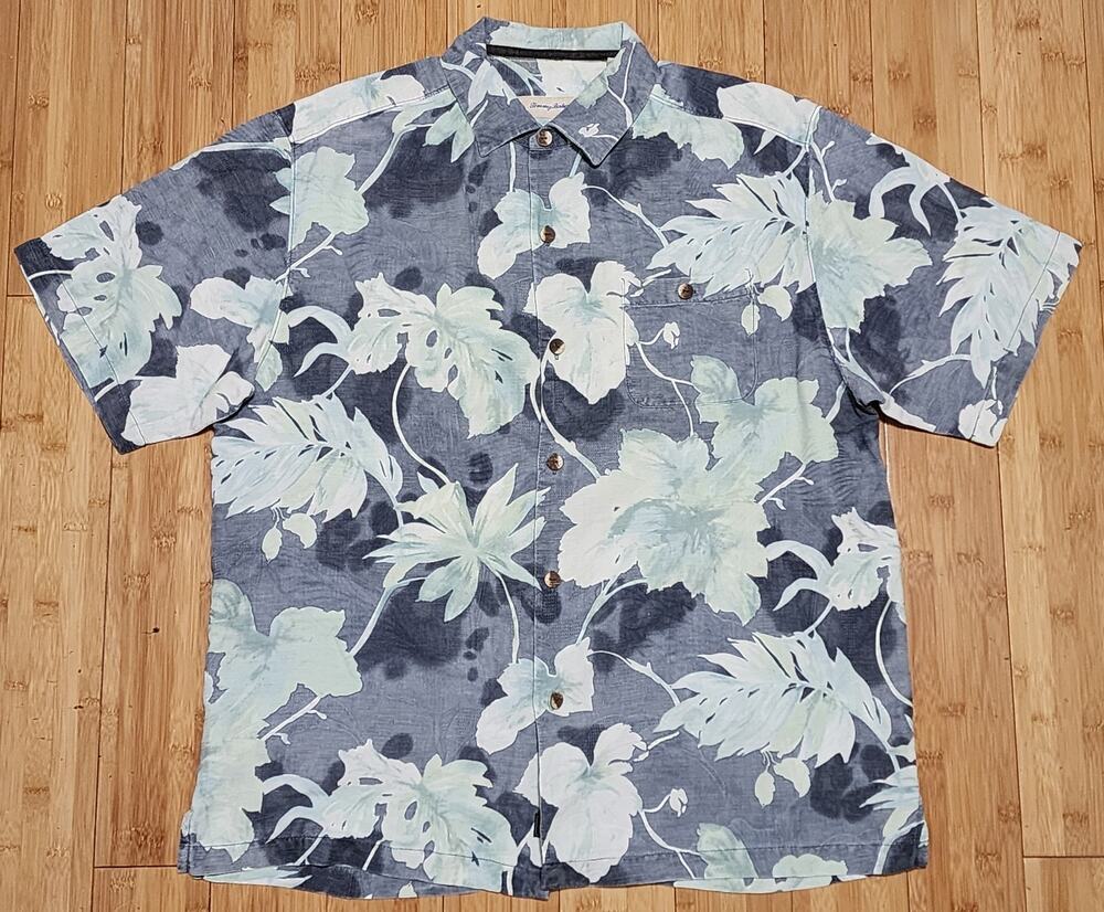 Tommy Bahama Mens Large Silk Tropical Hawaiian Leaf Original Fit Camp Shirt Blue